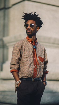 Cool and stylish Confident young African man in smart casual clothes carrying bag and looking away while adjusting his sunglasses and standing against the stoned wall out : Generative AIの素材