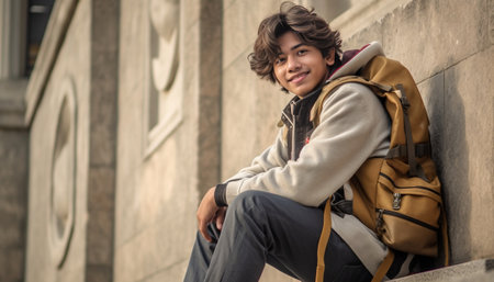 Enjoying time in college Handsome young man carrying backpack on one shoulder and smiling while leaning at the brick wall : Generative AIの素材