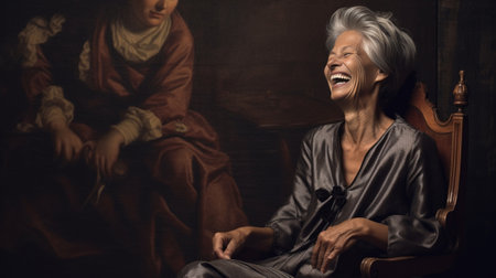 Day dreaming Thoughtful senior woman holding hand on chin and smiling while sitting in a chair : Generative AIの素材