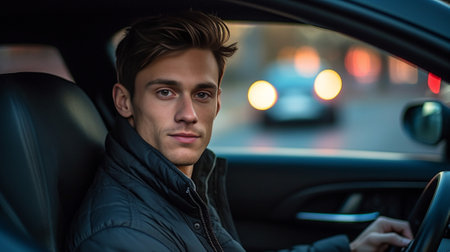 Driving carefully Handsome young man looking straight while driving a status car : Generative AIの素材