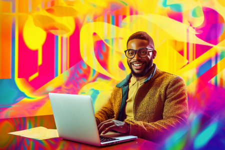 Happy young man using technologies while streaming online against colorful background : Generative AIの素材