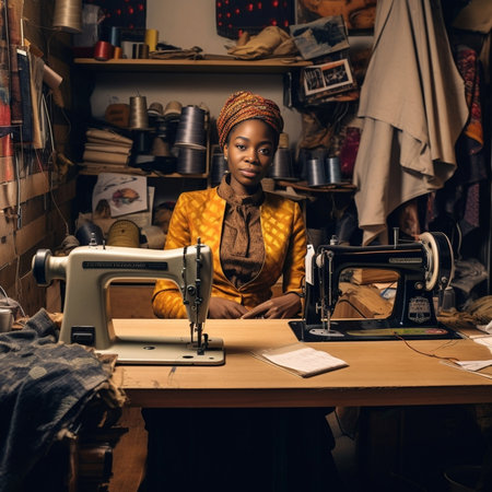Developing new fashion line Concentrated young African woman measuring sleeve with tape while standing in her workshop with clothes hanging in the background : Generative AIの素材