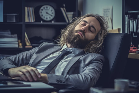 Feeling exhausted Frustrated young beard man massaging his nose and keeping eyes closed while sitting at his working place in office : Generative AIの素材