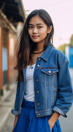 Enjoying carefree time outdoors Attractive young woman in denim jacket looking at camera while leaning on the building outdoors : Generative AIの素材