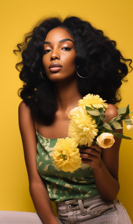 Dangerously beautiful Attractive young African woman looking at camera and covering eye with a flower while standing against grey background : Generative AIの素材
