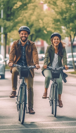 Enjoying great weekend Beautiful young smiling couple in casual wear cycling together while spending carefree time outdoors : Generative AIの素材