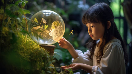 Examining globe Concentrated little girl in formalwear examining globe with a loupe while sitting at the table : Generative AIの素材