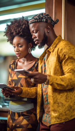 Examining their new tab Beautiful young African couple using digital tablet while sitting together on the floor at their apartments : Generative AIの素材
