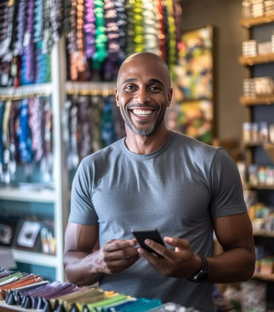 Fashionable young African man using digital tablet while standing in the retail store : Generative AIの素材