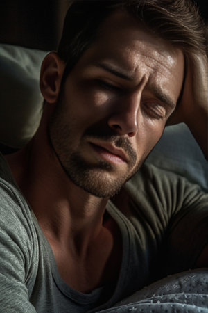Day dreaming in bed Pensive young man looking at camera and holding hand on chin while lying on front in bed against grey background : Generative AIの素材