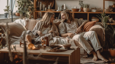 Dreamful young couple enjoying hot drinks while sitting on the floor at home : Generative AIの素材