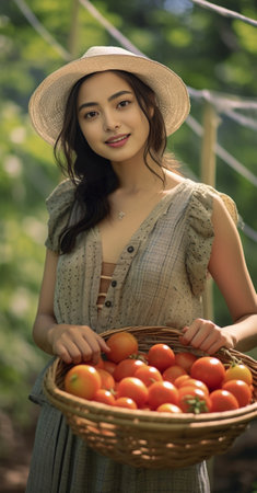 Enjoying warm day Attractive young woman carrying a basket full of apples and smiling while standing in garden : Generative AIの素材