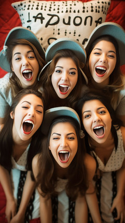 Flirty beauties Top view of four playful young women in eyewear smiling and making a face while lying on the bed at home : Generative AIの素材
