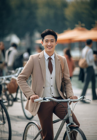 Enjoying urban lifestyle Low angle view of confident young businessman looking away and holding hands on his bicycle while standing outdoors : Generative AIの素材