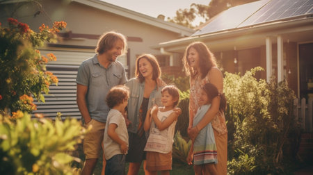 Family gathering Happy family of five people bonding to each other and smiling while standing at the back yard of their house together : Generative AIの素材