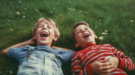 Enjoying summer time Top view of two cute little children holding hands behind head and looking at each other with smile while lying on the green grass together : Generative AIの素材
