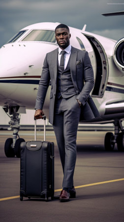 Frustrated businessman Shocked young African man in full suit holding a bag in his hands and keeping mouth open while looking at camera : Generative AIの素材