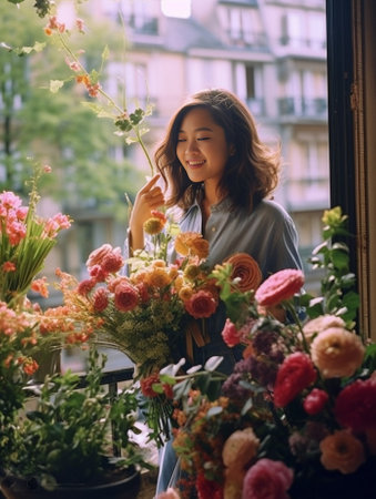 Excited woman in bathrobe holding a bunch of flowers and gift box while having brunch on the balcony : Generative AIの素材