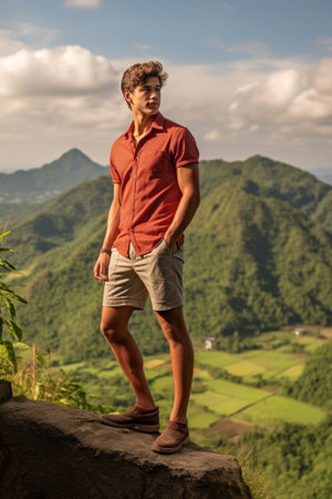 Feeling the freedom Handsome young man in casual clothing looking at view while standing on the hill outdoors : Generative AIの素材