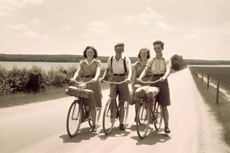 Friends on bicycles Full length of four young people riding their bicycles and smiling : Generative AIの素材