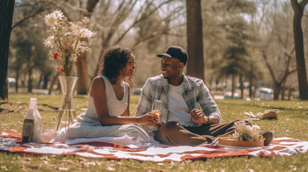 Couple relaxing in park Happy young loving couple relaxing in park together while sitting on picnic blanket and with bicycle in the background : Generative AIの素材