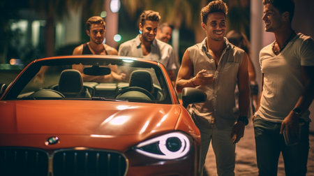 Friends having fun Two beautiful young couples having fun near their white convertible : Generative AIの素材