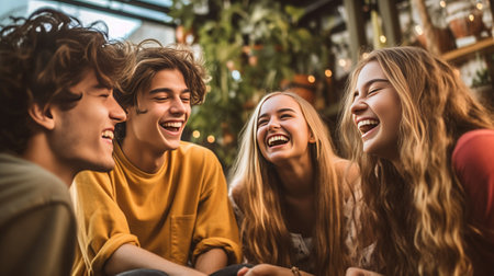 Enjoying good time Four young cheerful people showing their thumbs up and smiling while sitting on bean bags at the outdoors terrace with pizza and beer laying on foregro : Generative AIの素材