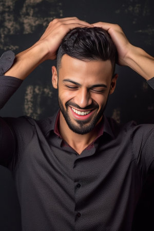 Everything must be perfect Charming young man keeping hands in hair and smiling while standing against grey background : Generative AIの素材