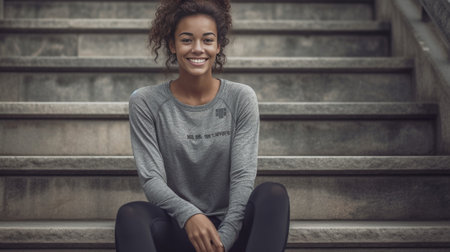 Enjoying nice day Attractive young woman in sports clothing smiling while sitting on the steps outdoors : Generative AIの素材
