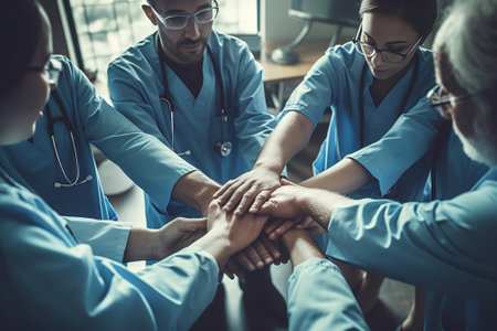 Doctors team Top view of doctors team holding their hands together : Generative AIの素材