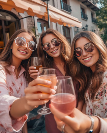 Enjoying time with friends Smiling young woman holding glass and looking at camera while her friends talking to each other in the background : Generative AIの素材