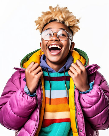 Funky photographer Surprised young African woman in glasses and funky wear holding camera and keeping mouth open while standing against white background : Generative AIの素材