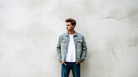 Feeling confident in my skin Handsome young man in smart jacket holding hands in pockets while standing in front of the concrete wall : Generative AIの素材
