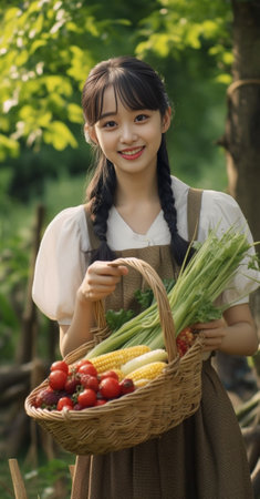 Great sunny day Attractive young woman carrying a basket full of apples and smiling while standing in garden : Generative AIの素材