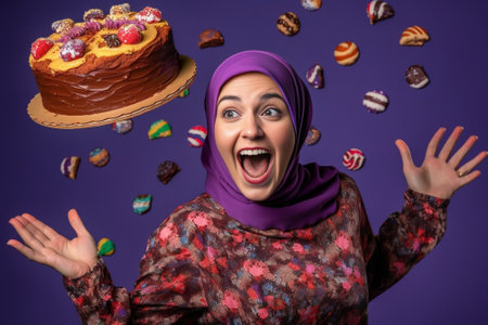 Excited woman with floral head wreath gesturing while standing against purple background : Generative AIの素材