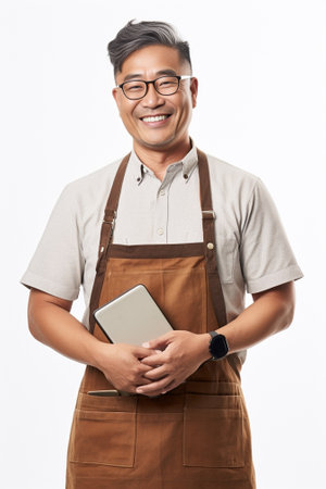 Good job Confident young handsome man in apron keeping arms crossed and smiling while standing against white background : Generative AIの素材
