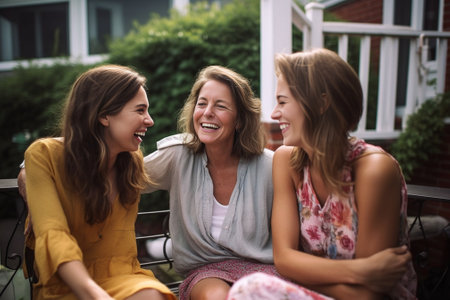Female part of family Three generations of family women bonding to each other and smiling while standing in front of their house : Generative AIの素材