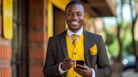 Good business talk Happy young African man in formal wear talking on the mobile phone and smiling while standing outdoors : Generative AIの素材