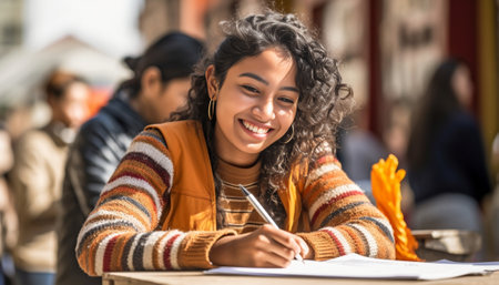 Getting ready for the next class Smiling young woman writing in note pad and looking at camera while sitting with her friends at the wooden desk outdoors : Generative AIの素材