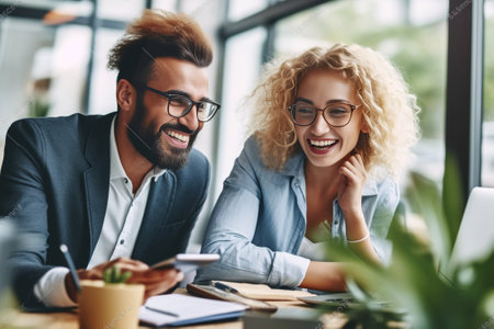 Discussing new business project Two happy young people in formalwear smiling and looking at digital tablet while working together : Generative AIの素材