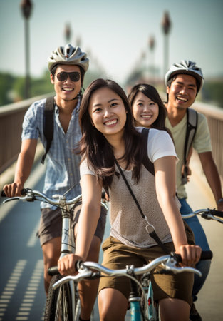 Friends on bicycles Group of young people riding their bicycles and smiling : Generative AIの素材