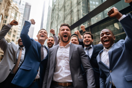 Great results Group of young modern men in formalwear gesturing and smiling while working in the office : Generative AIの素材
