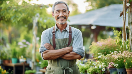 Enjoying his work with plants Wide angle portrait of handsome mature man in apron holding a potted plant and smiling while standing in a greenhouse : Generative AIの素材