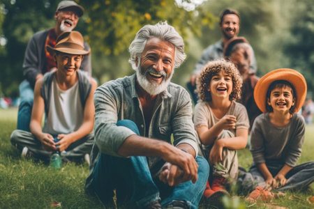 Happy family concept Happy family of five people bonding to each other and smiling while sitting outdoors together : Generative AIの素材