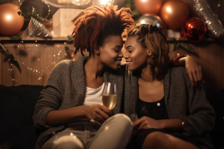 Getting away from everything Beautiful young couple drinking champagne and smiling while sitting in the bedroom : Generative AIの素材