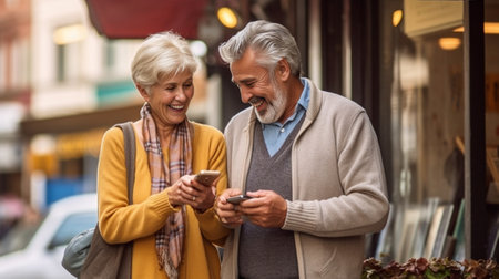 Good news Happy senior couple bonding to each other and smiling while standing outdoors and looking at the mobile phone : Generative AIの素材