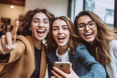 Friends making selfie Two beautiful young women making selfie and grimacing : Generative AIの素材