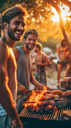 Good food with best friends Smiling young man holding bottle with beer and plate with food while three people barbecuing in the background : Generative AIの素材