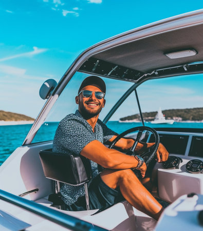 Happy yacht owner Smiling young man holding hand on steering wheel while driving yacht : Generative AIの素材