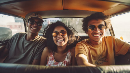 Fun time with friends Group of happy young people smiling at camera while sitting inside of retro mini van : Generative AIの素材
